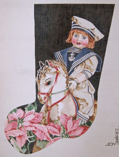 click here to view larger image of French Porcelain Doll On Horse - Poinsettias Stocking (hand painted canvases)