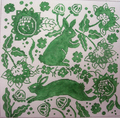 click here to view larger image of Bunnies w Flowers in Green (hand painted canvases)