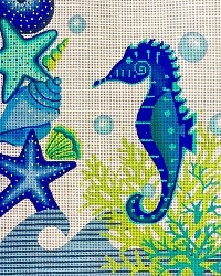 click here to view larger image of Blue Seahorse and Shells (hand painted canvases)