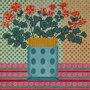 click here to view larger image of Geraniums In Blue And Yellow Vase (hand painted canvases)