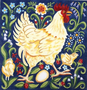 click here to view larger image of Buff Rooster with Chicks - Wildflowers and Leaves (hand painted canvases)
