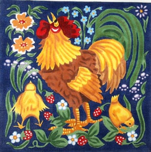 click here to view larger image of Red Rooster w/Chicks - Wildflowers and Leaves (hand painted canvases)