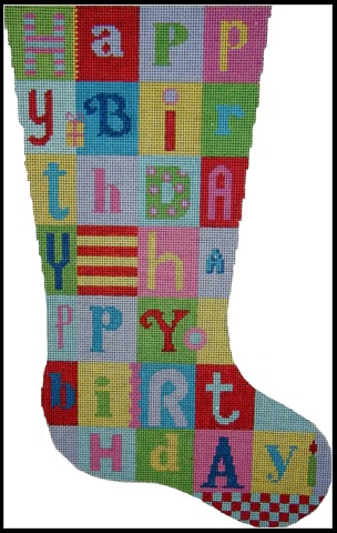 click here to view larger image of Happy Birthday Quilt Stocking (hand painted canvases)
