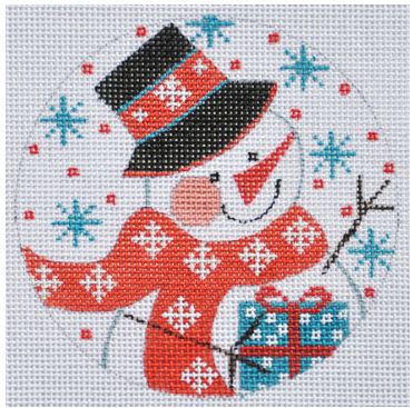 click here to view larger image of Snowman with Present Ornament (hand painted canvases)