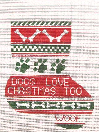 click here to view larger image of Dogs Love Christmas Too Stocking (hand painted canvases)