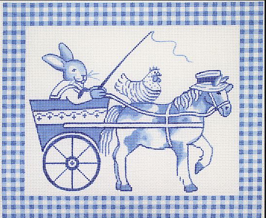 click here to view larger image of Bunny in Cart with Horse & Hen - Blue Toile  (hand painted canvases 2)