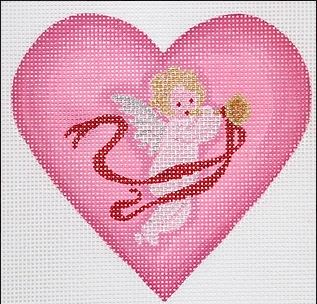 click here to view larger image of Valentine Mini Heart - Cherub with Horn & Ribbon (hand painted canvases 2)