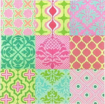 click here to view larger image of Damask Wallpaper Patchwork - Pink, Green, Turquoise (hand painted canvases 2)