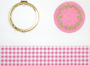 click here to view larger image of Limoges Box - Lg. Round Pink Gingham w/ Floral Vine  (hand painted canvases 2)