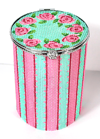 click here to view larger image of Limoges Box - Med. Round Wreath of Roses & Picot Ribbon Stripes  (hand painted canvases 2)