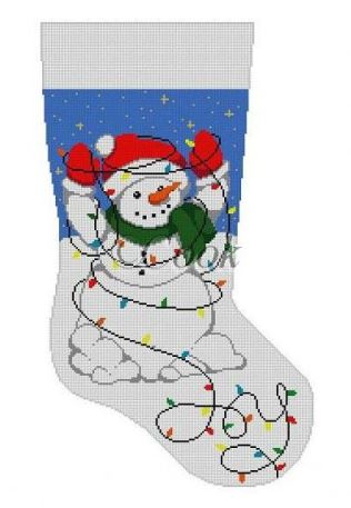 click here to view larger image of Snowman Tangled in Lights Stocking (hand painted canvases)