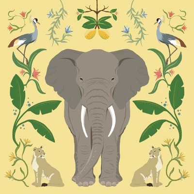 click here to view larger image of Elephant w/Botanicals - Yellow Background (hand painted canvases)