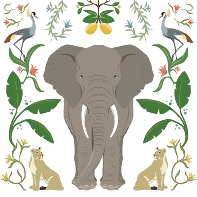 click here to view larger image of Elephant w/Botanicals - White Background (hand painted canvases)