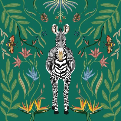 click here to view larger image of Zebra w/Botanicals - Green Background (hand painted canvases)