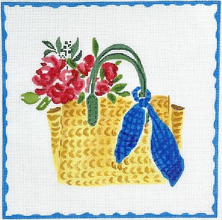 click here to view larger image of Straw Bag w/Blue Scarf & Flowers (hand painted canvases 2)