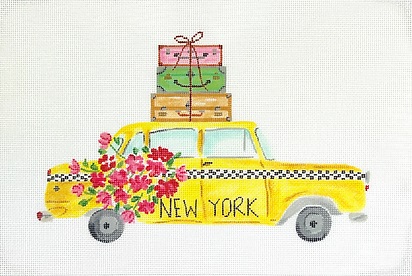 click here to view larger image of New York Yellow Cab w/Suitcases & Flowers (hand painted canvases 2)