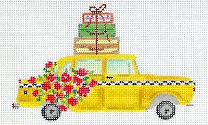 click here to view larger image of Mini Yellow Cab w/Suitcases & Flowers (hand painted canvases 2)