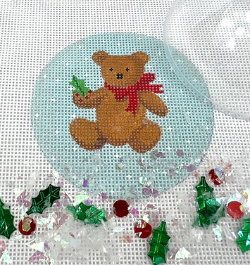 click here to view larger image of Teddy Bear w/Holly Ornament w/Clear Dome and Confetti (hand painted canvases 2)