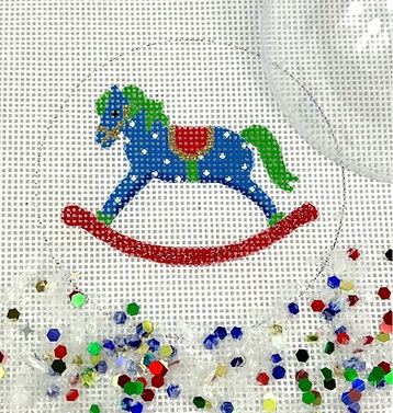 click here to view larger image of Rocking Horse Ornament w/Clear Dome and Confetti (hand painted canvases 2)