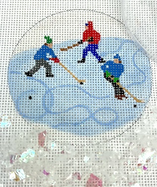 click here to view larger image of Hockey Practice Ornament w/Clear Dome and Confetti (hand painted canvases 2)
