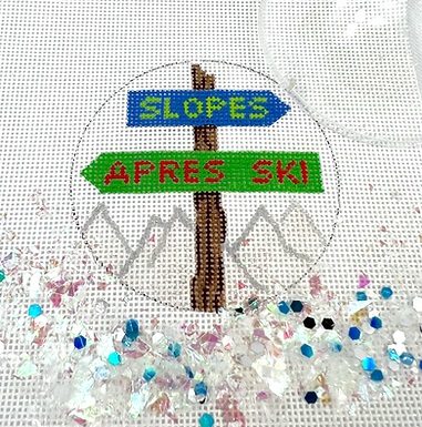 click here to view larger image of Ski Signpost Ornament w/Clear Dome and Confetti (hand painted canvases 2)