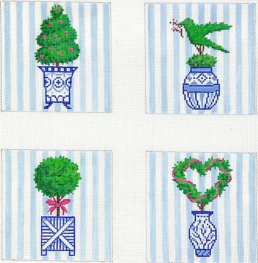 click here to view larger image of Coasters - Topiaries on Blue Stripes (hand painted canvases 2)