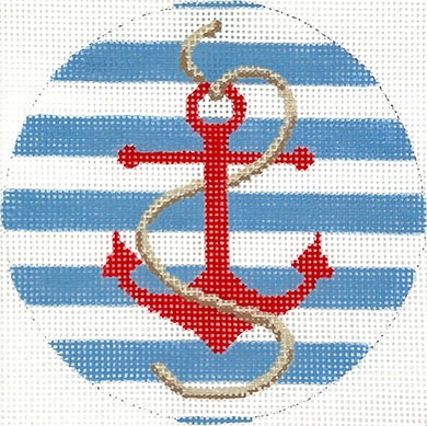 click here to view larger image of Red Anchor w/Rope on Blue Stripes (hand painted canvases 2)