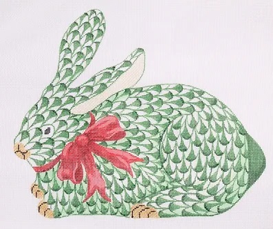 click here to view larger image of Herend Style Standing Fishnet Green Bunny Crouching w/Red Bow (hand painted canvases 2)