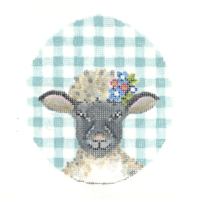 click here to view larger image of Black Lamb w/Flower Crown on Aqua Gingham (hand painted canvases)