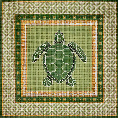click here to view larger image of Sea Turtle w/Green Oriental Borders (hand painted canvases)