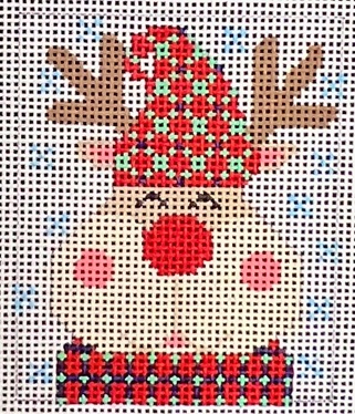 click here to view larger image of Reindeer Ornament - Red Hat (hand painted canvases)