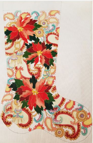 click here to view larger image of Paisley Fabric w/Poinsettias Stocking   (hand painted canvases)