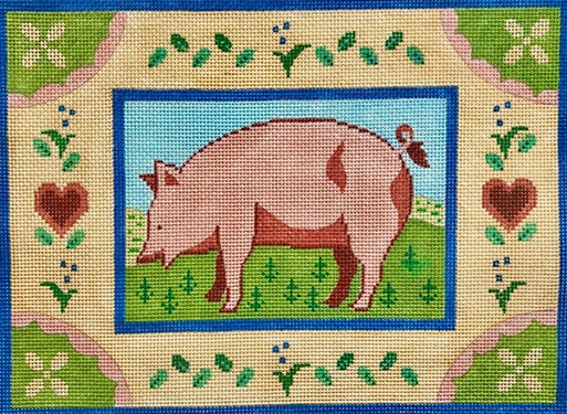 click here to view larger image of Pig -Green/Gold/Hearts Border (hand painted canvases)