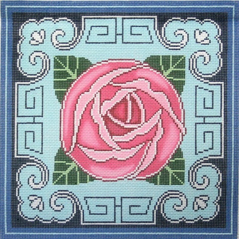 click here to view larger image of Rose w/Blue Border (hand painted canvases)