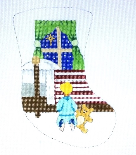 Boy Praying at Bedside w/Teddy Bear Mini Stocking - click here for more details about this hand painted canvases
