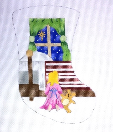 Girl Praying at Bedside w/Teddy Bear Mini Stocking - click here for more details about this hand painted canvases
