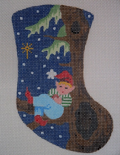 Elf Sleeping in Fir Tree Mini Stocking - click here for more details about this hand painted canvases