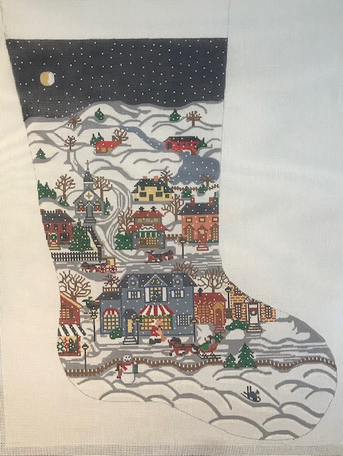 click here to view larger image of Snowy Village Stocking (hand painted canvases)