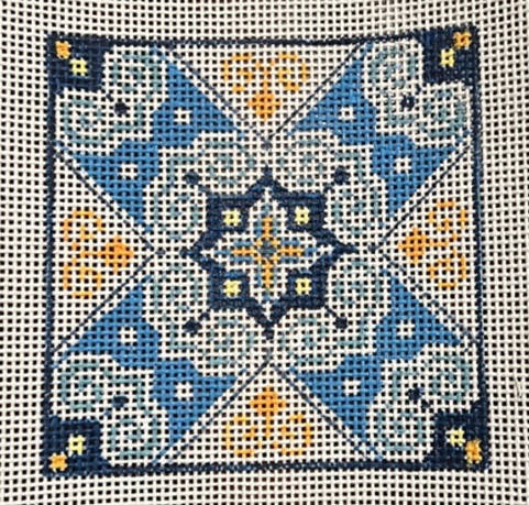 click here to view larger image of Asian Tile Blue w/Yellow Center (hand painted canvases)