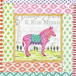 click here to view larger image of Exotic Collage - Pink Zebra w/ Mixed Ikat Border  (hand painted canvases 2)