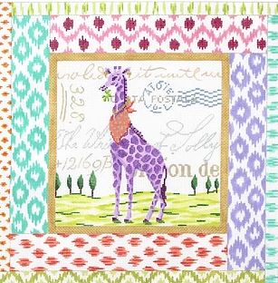 click here to view larger image of Exotic Collage - Purple Giraffe w/ Mixed Ikat Border  (hand painted canvases 2)