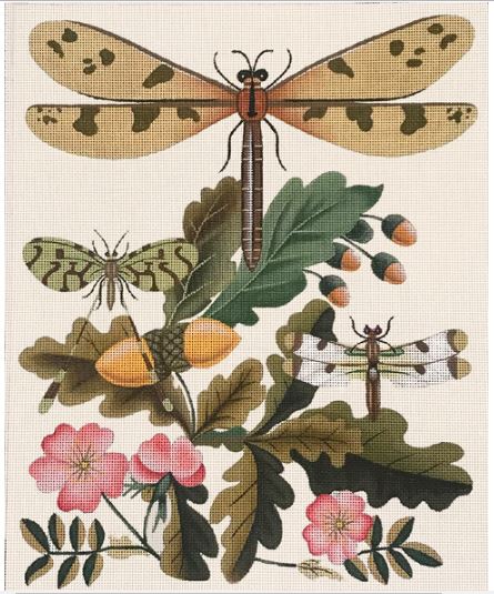 click here to view larger image of Dragonfly Botanical / Acorns - Cream Background (hand painted canvases)
