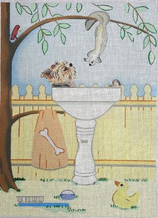 click here to view larger image of Yorkie Lounges in Birdbath (hand painted canvases)
