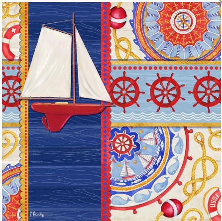 click here to view larger image of Nautical Suzani Collage I - Sailboat (hand painted canvases)