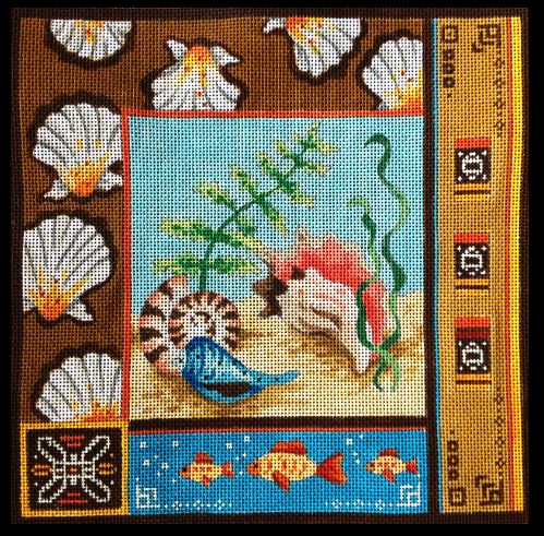 click here to view larger image of Seashells & Fish/Batik Border (hand painted canvases)