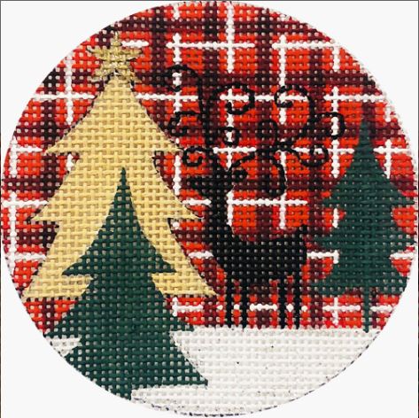 click here to view larger image of Reindeer and Trees on Plaid (hand painted canvases)