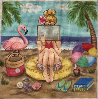 click here to view larger image of Girl Stitching - Beach (hand painted canvases)