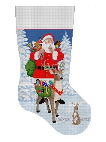 click here to view larger image of Shh Santa Reindeer Bringing Toys Stocking  (hand painted canvases)