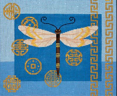 click here to view larger image of Dragonfly and Coins on Blue (hand painted canvases)