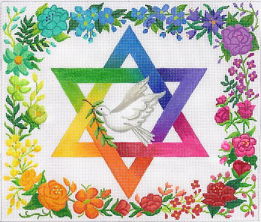 click here to view larger image of Tallis Bag - Rainbow Floral Star of David w/Dove  (hand painted canvases 2)